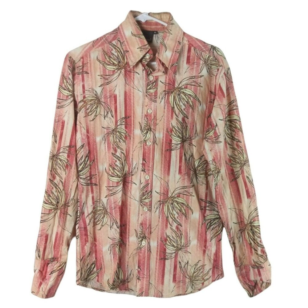 Mens Floral Shirt M Orange Artsy Botanical Stripe Button Up Long Sleeve Casual